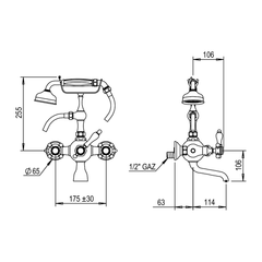 Horus Victoria wand badmengkraan met porseleinen hendels en handdouche, hartafstand 175 mm