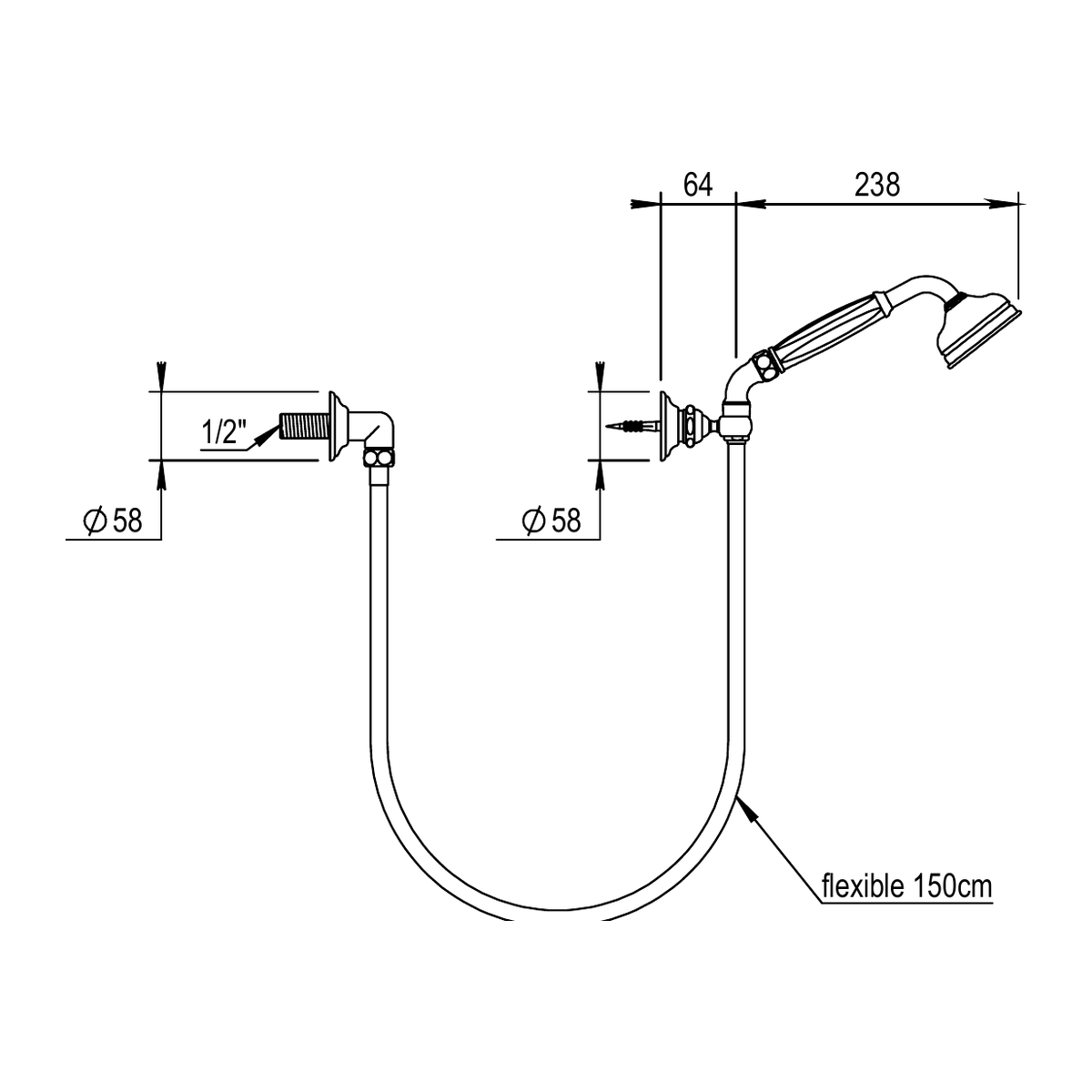 Horus doucheset met wandaansluiting, wandhouder, slang 150 cm en handdouche