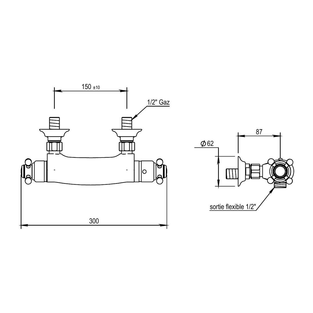 Horus opbouw douchethermostaat met kruisgrepen, hartafstand 150 mm (Speciale Kleuren)