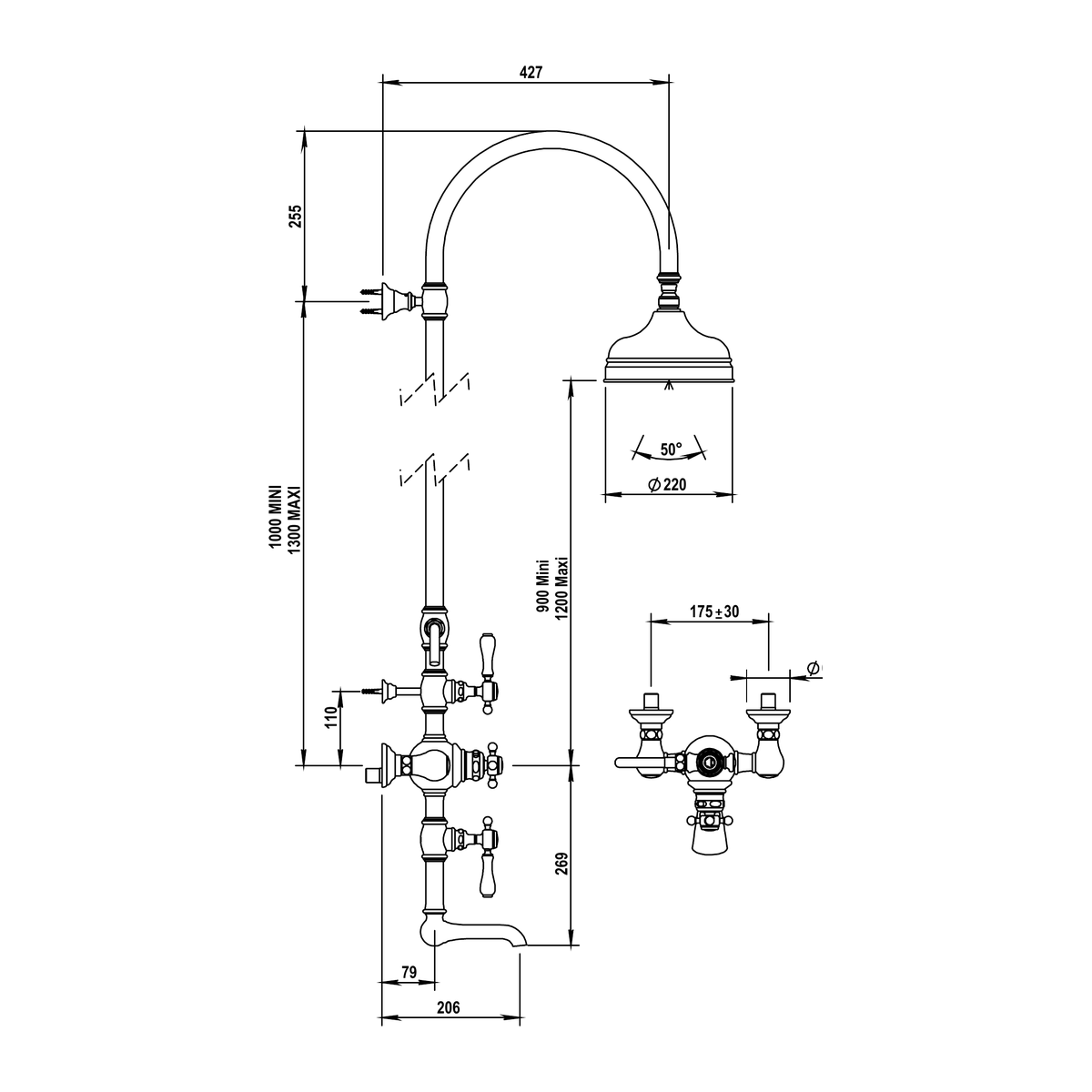 Horus Julia thermostatische bad-/douchekolom met hoofddouche, handdouche en baduitloop