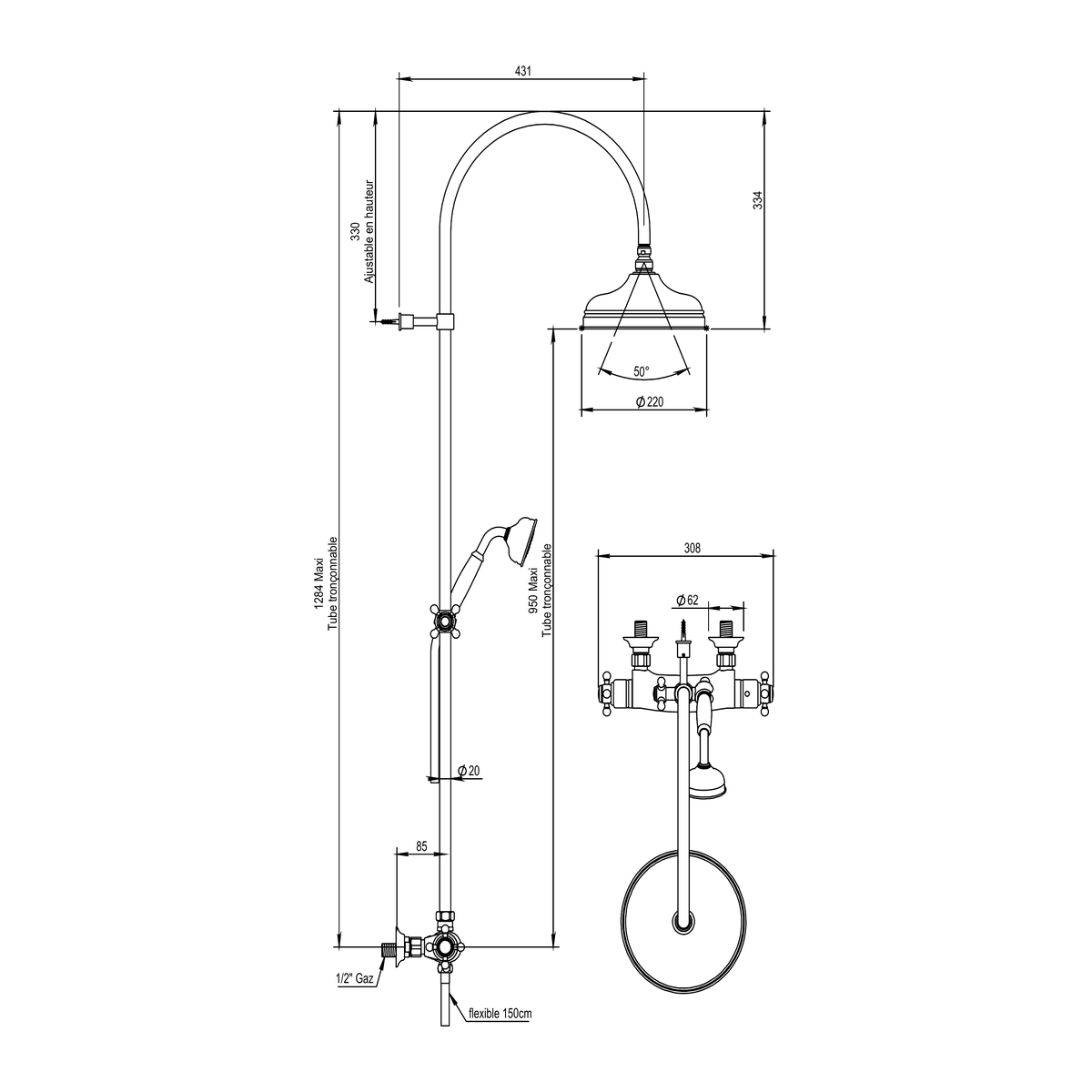 Horus Julia thermostatische douchekolom met kruisgrepen, hoofddouche en handdouche, hartafstand 150 mm