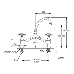 Horus Eloise 2-gats wastafelmengkraan met kruisgrepen, verstelbare hartafstand 185-250 mm