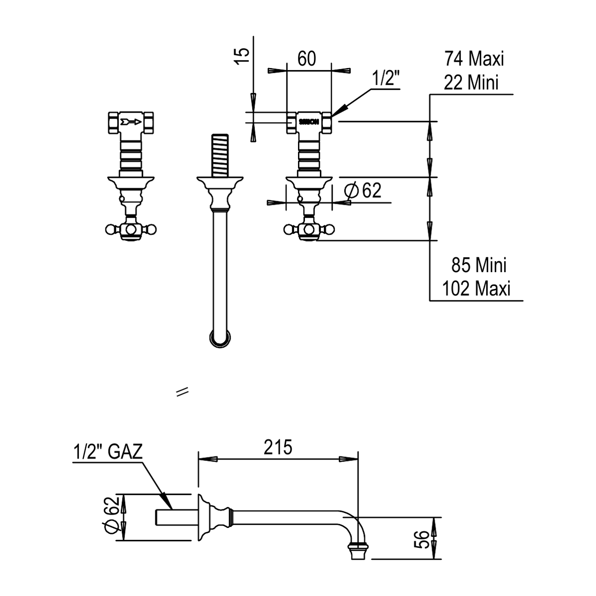 Horus Eloise 3-gats inbouw wastafelmengkraan met kruisgrepen, uitloop 215 mm (Speciale Kleuren)