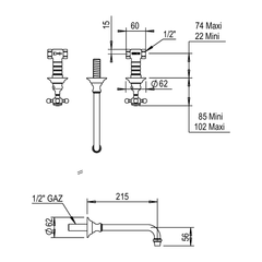 Horus Eloise 3-gats inbouw wastafelmengkraan met kruisgrepen, uitloop 215 mm (Speciale Kleuren)