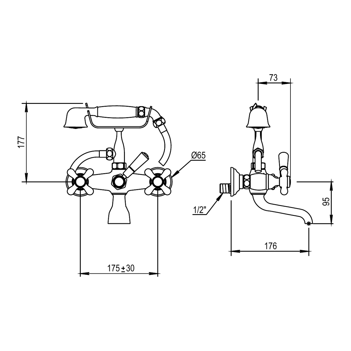 Horus Elsa wand badmengkraan met handdouche, hartafstand 175 mm