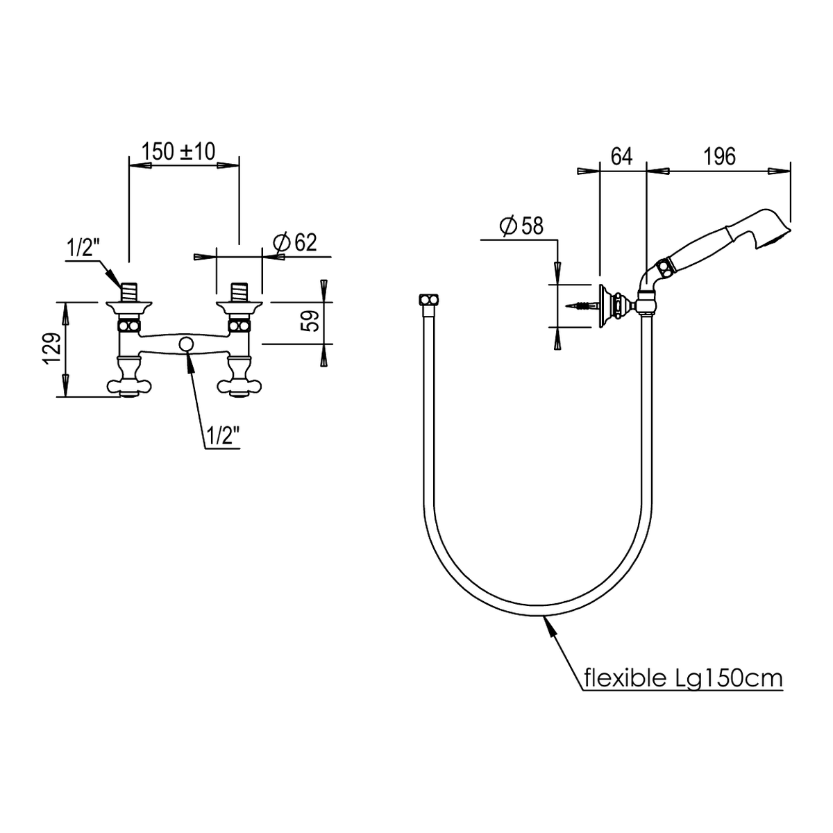 Horus Elsa opbouw douchemengkraan met glijstang en handdouche, hartafstand 150 mm