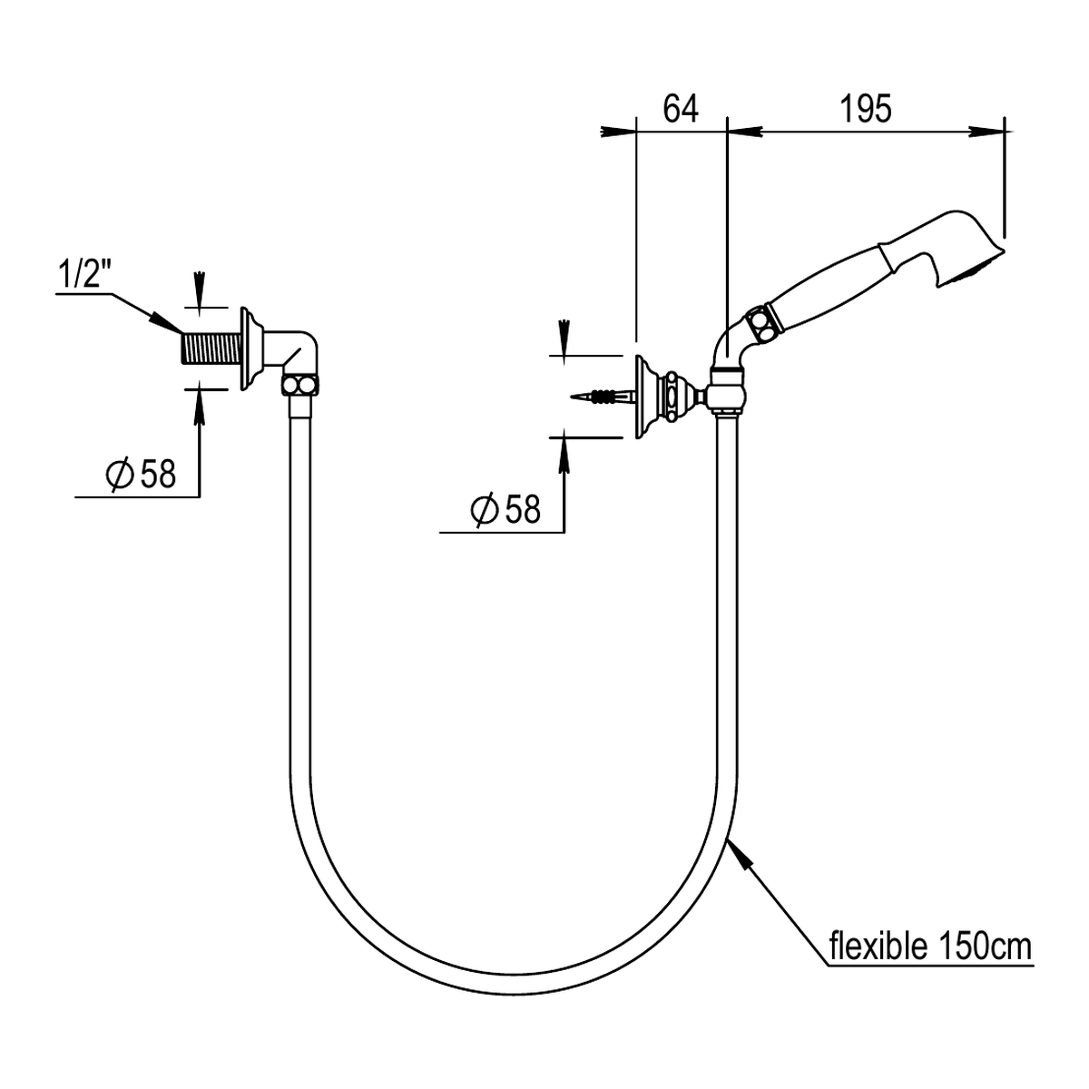 Horus Elsa doucheset met wandaansluiting, wandhouder, slang 150 cm en handdouche