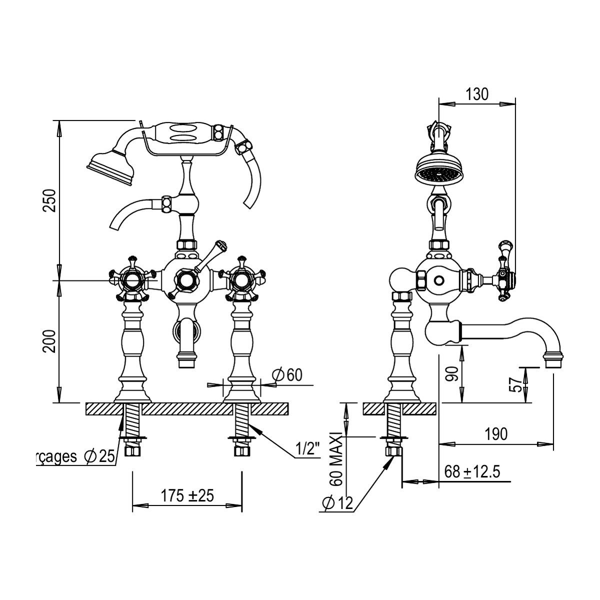 Horus Anthea badrandmengkraan met kruisgrepen en handdouche, hartafstand 175 mm (Speciale Kleuren)