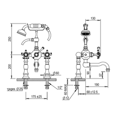 Horus Anthea badrandmengkraan met kruisgrepen en handdouche, hartafstand 175 mm (Speciale Kleuren)
