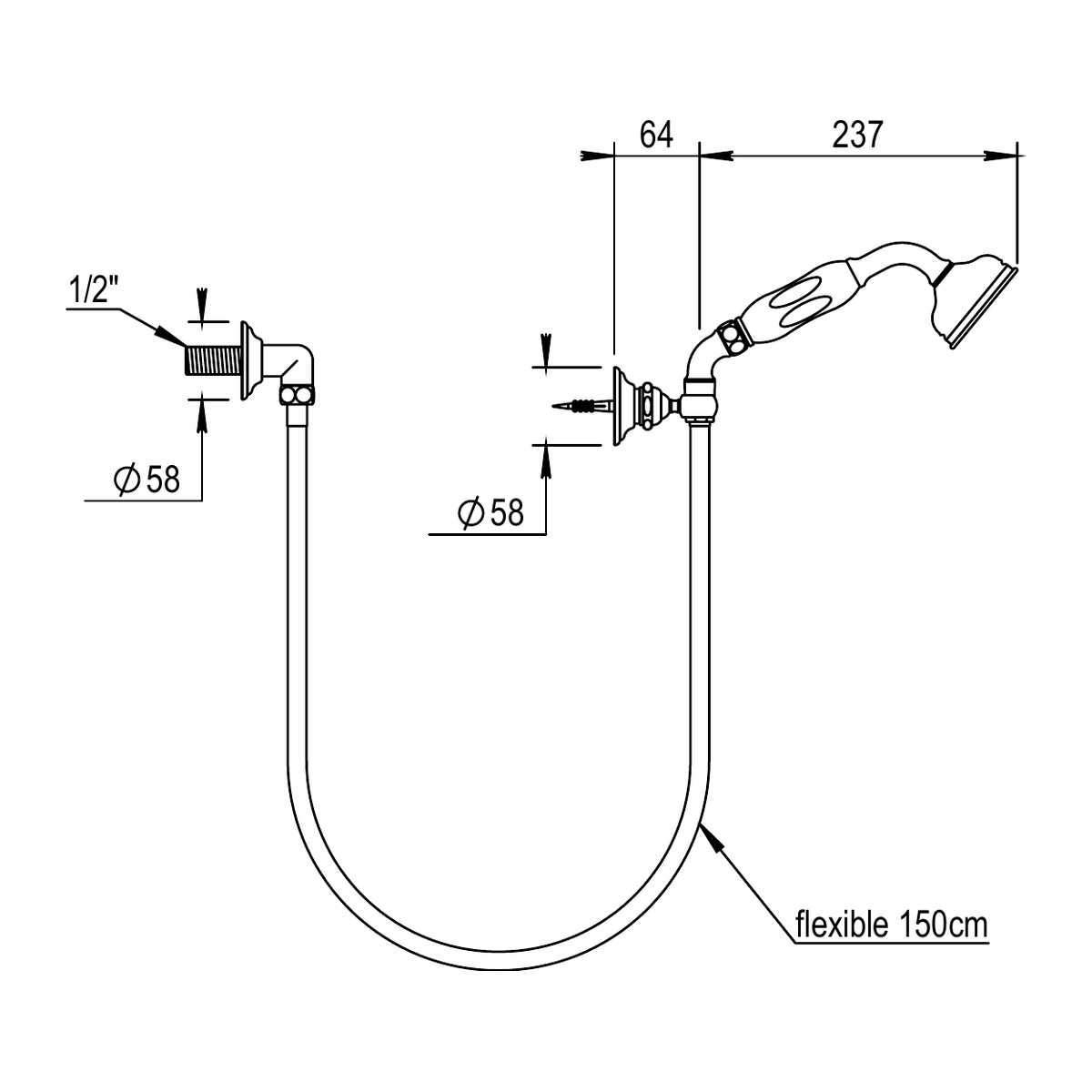 Horus Anthea doucheset met wandaansluiting, wandhouder, slang 150 cm en handdouche