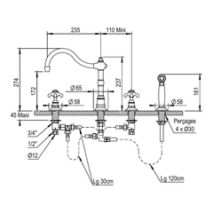 Horus Montmartre 3-gats keukenmengkraan met kruisgrepen en losse handdouche (Speciale Kleuren)