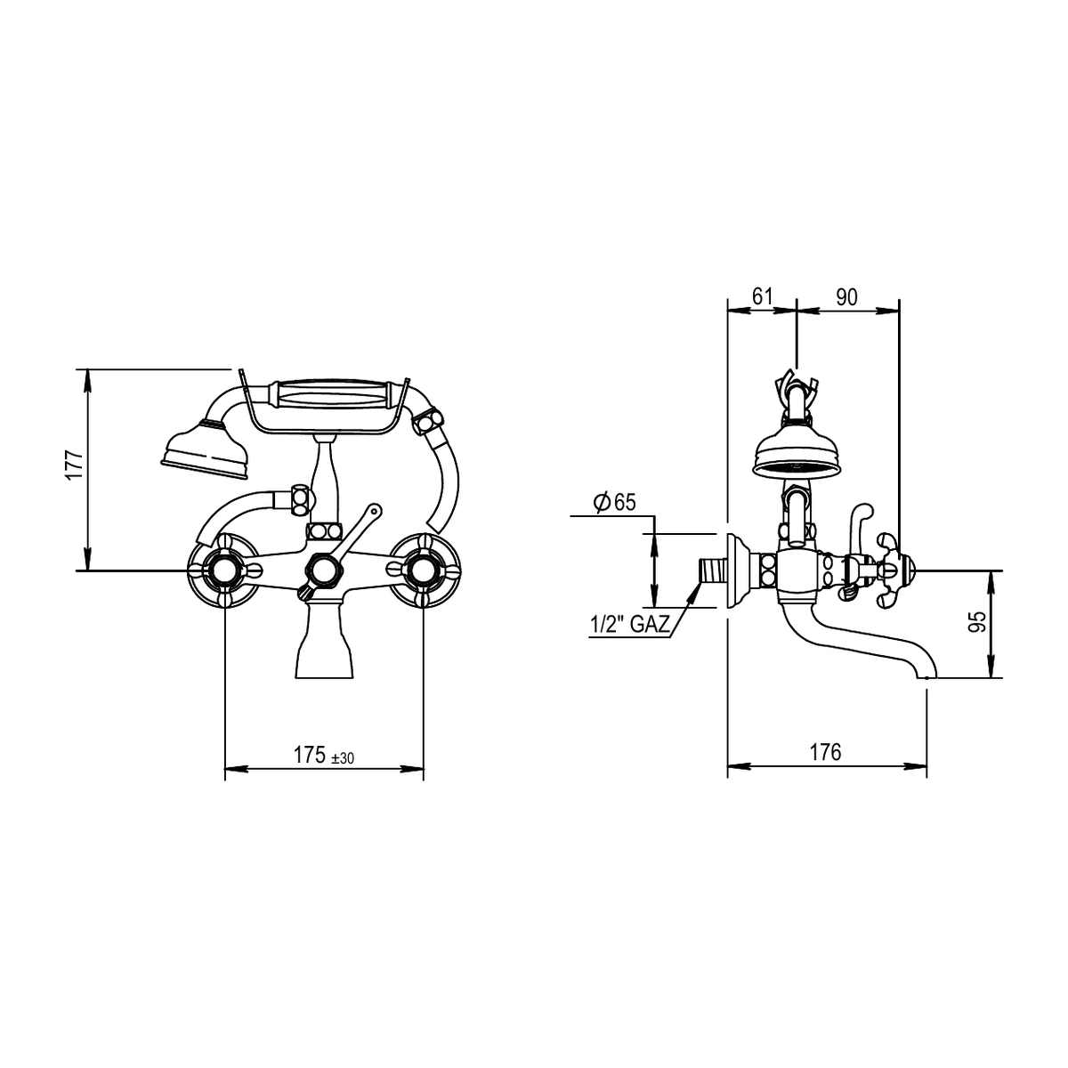 Horus Montmartre wand badmengkraan met hendels en handdouche, lage houder, hartafstand 175 mm