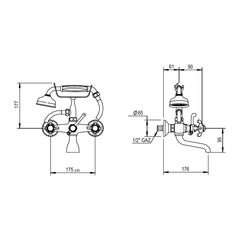 Horus Montmartre wand badmengkraan met hendels en handdouche, lage houder, hartafstand 175 mm