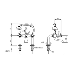Horus Montmartre badrandmengkraan met kruisgrepen en handdouche, lage houder, hartafstand 175 mm