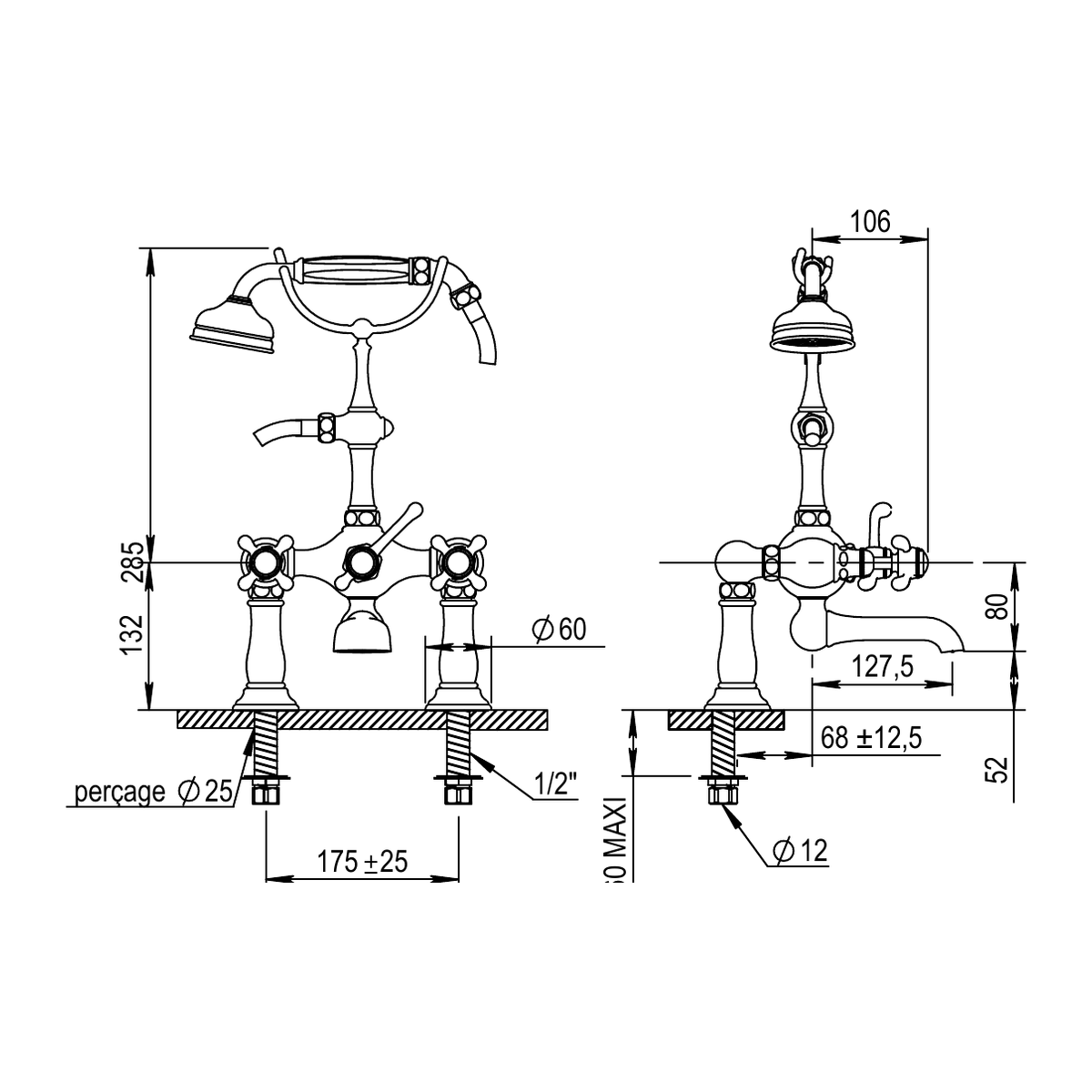 Horus Montmartre badrandmengkraan met hendels en handdouche, halfhoge houder, hartafstand 175 mm (Speciale Kleuren)