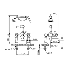 Horus Montmartre badrandmengkraan met hendels en handdouche, halfhoge houder, hartafstand 175 mm (Speciale Kleuren)
