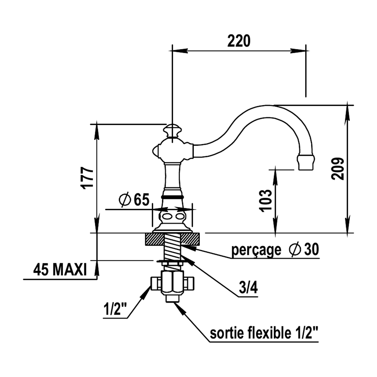 Horus Montmartre baduitloop voor badrand met omsteller, 240 mm