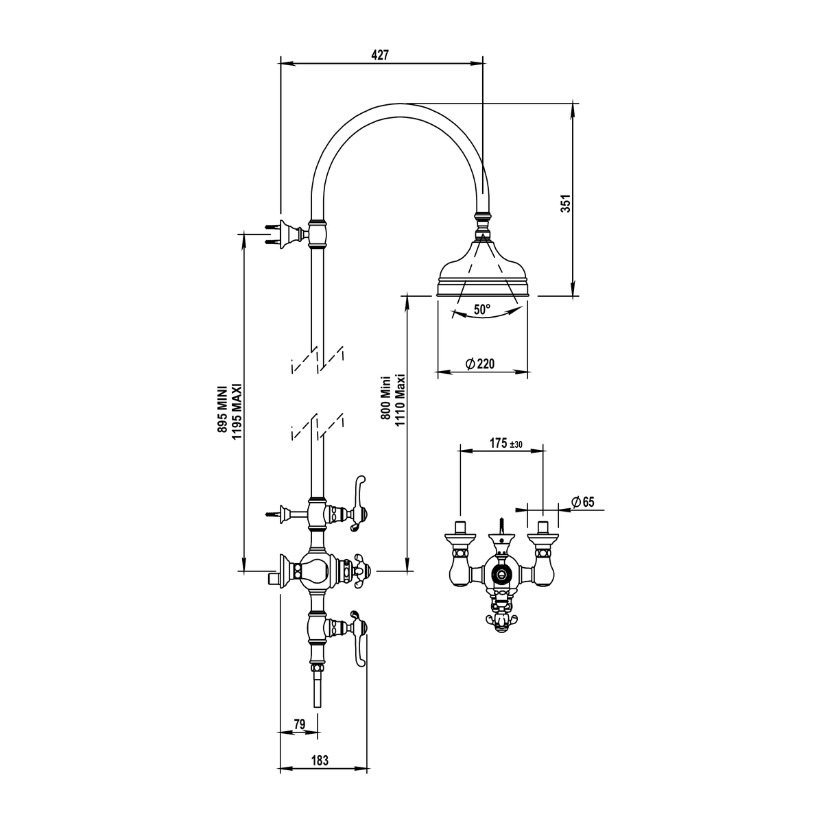 Horus Montmartre thermostatische douchekolom met hoofddouche en handdouche (Speciale Kleuren)