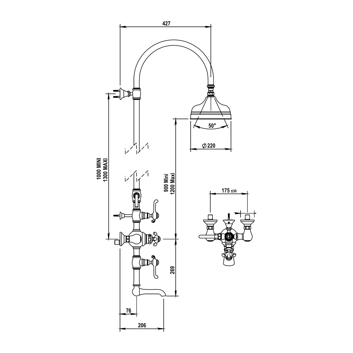Horus Montmartre thermostatische bad-/douchekolom met hoofddouche, handdouche en baduitloop