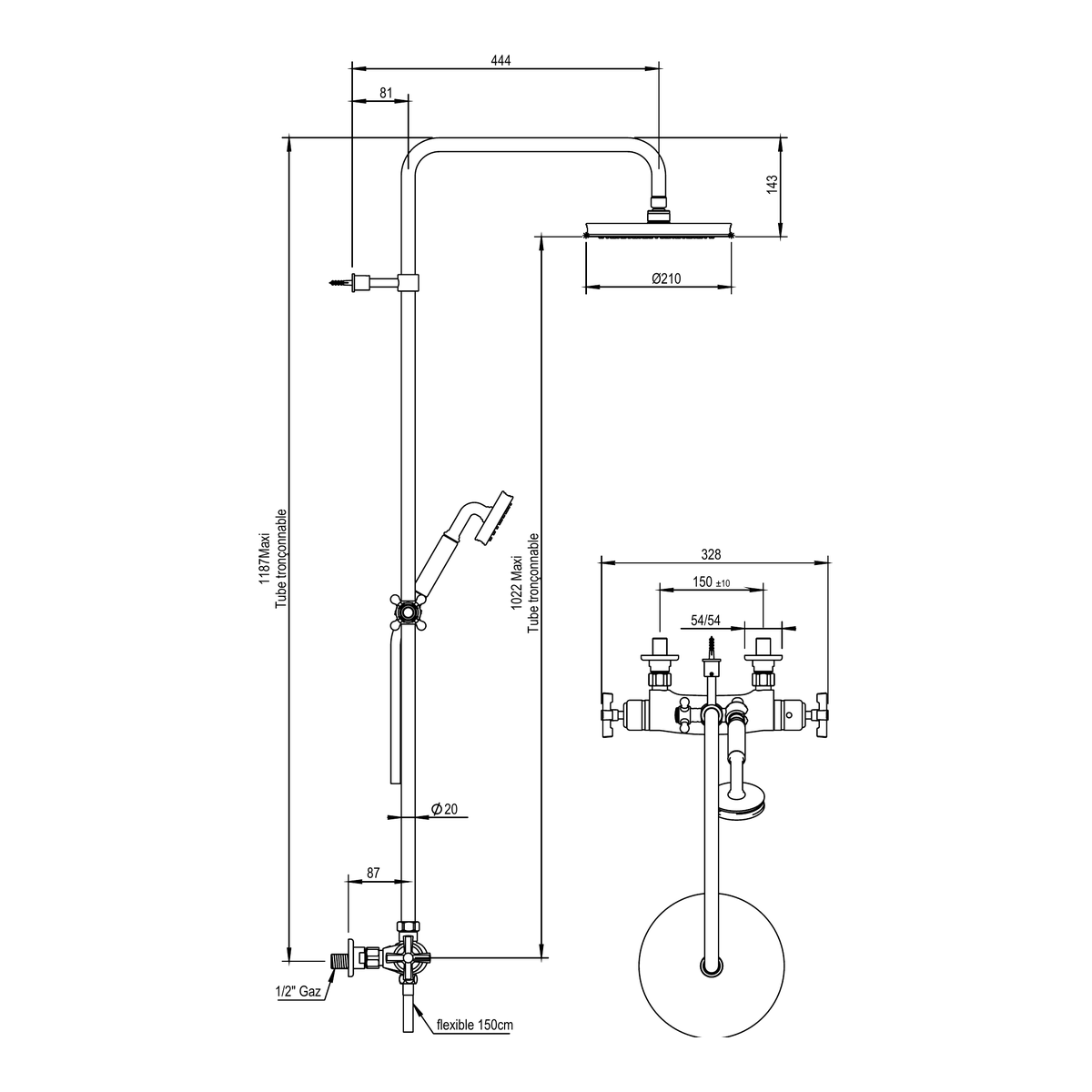 Horus Zéphyr thermostatische douchekolom met hoofddouche Ø210 mm en handdouche (Speciale Kleuren)