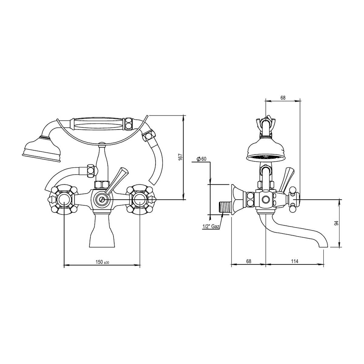 Horus Ascott wand badmengkraan met hendels en handdouche, hartafstand 150 mm