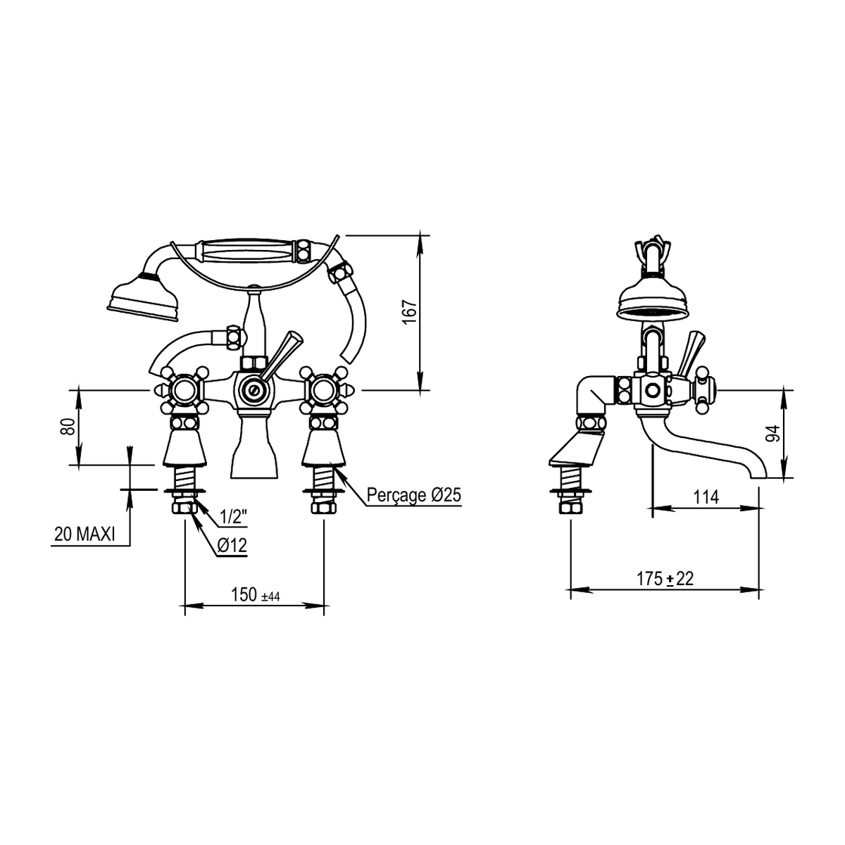 Horus Ascott badrandmengkraan met kruisgrepen en handdouche, hartafstand 150 mm