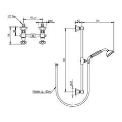Horus Ascott opbouw douchemengkraan met hendels, glijstang en handdouche, hartafstand 150 mm (Speciale Kleuren)