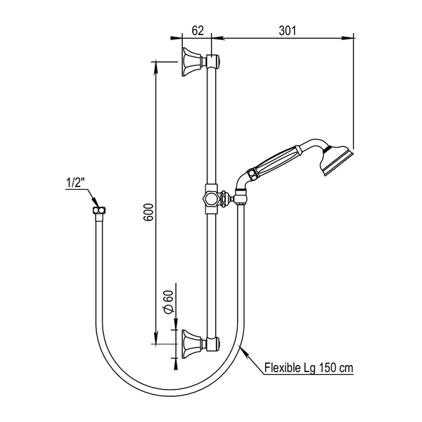 Horus Ascott doucheset met glijstang 60 cm, handdouche en slang 150 cm (Speciale Kleuren)