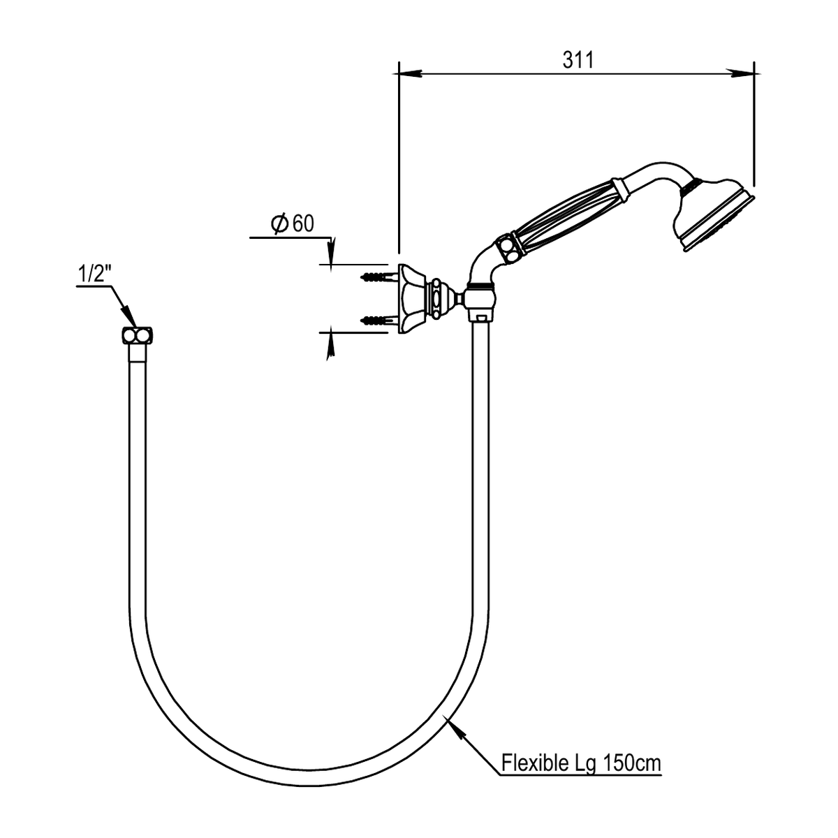 Horus Ascott doucheset met wandhaak, handdouche en slang 150 cm