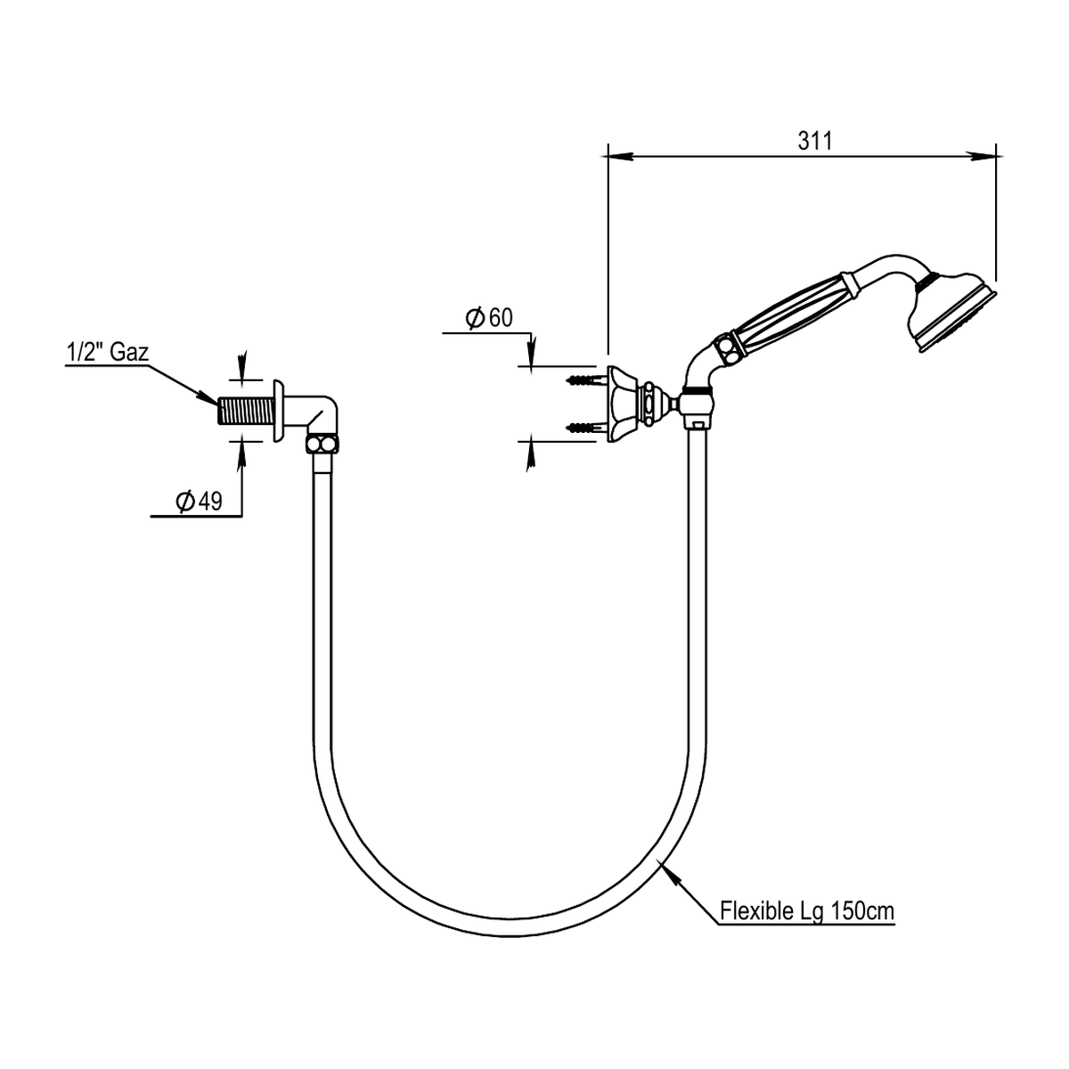 Horus Ascott doucheset met wandaansluiting, wandhouder, slang 150 cm en handdouche (Speciale Kleuren)