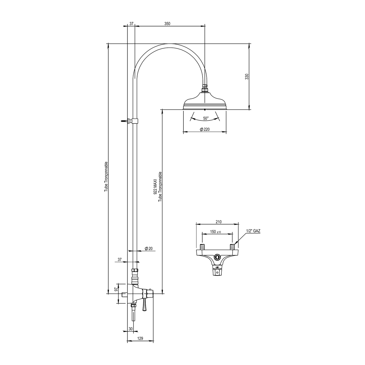 Horus Ascott thermostatische douchekolom met hoofddouche en handdouche (Speciale Kleuren)
