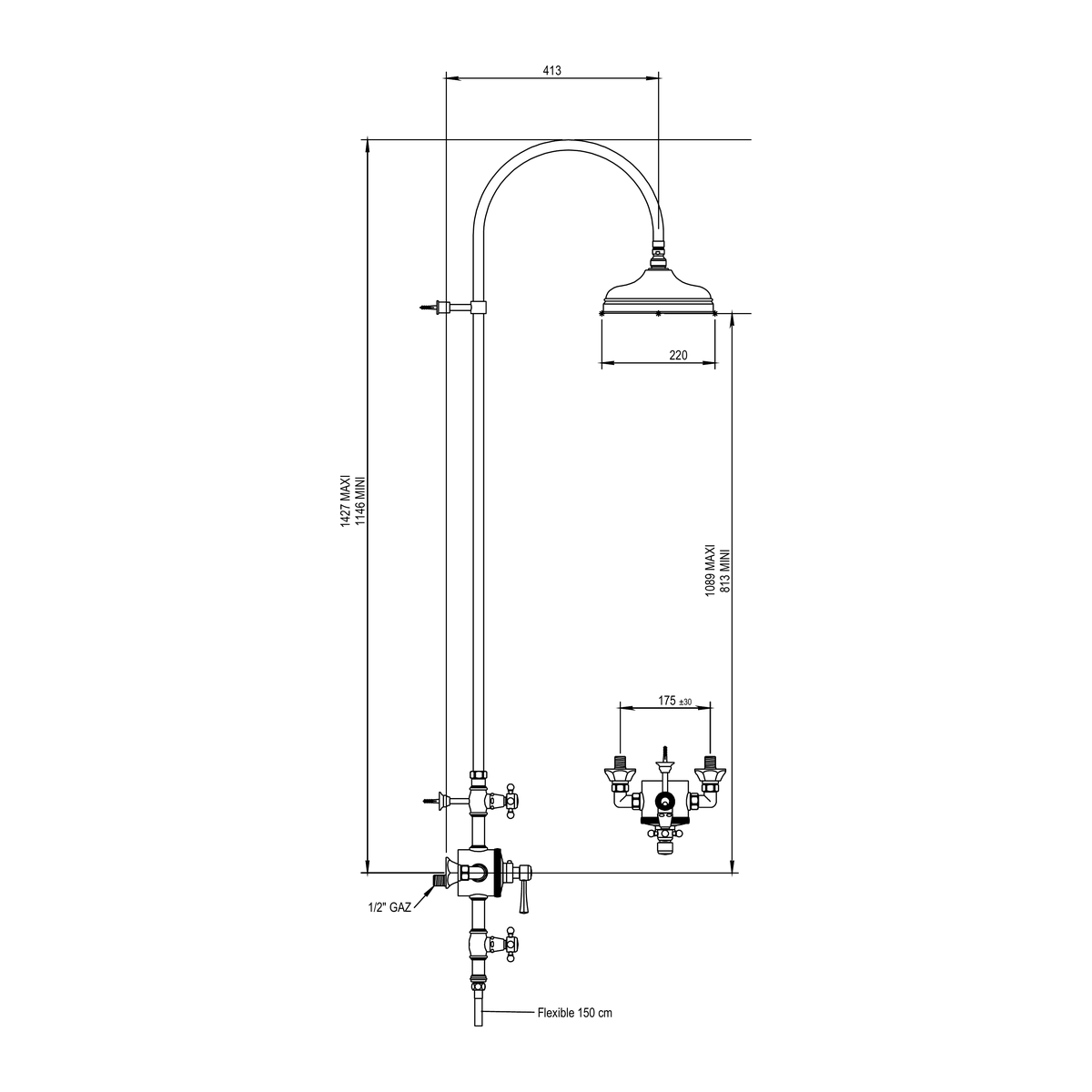 Horus Ascott thermostatische douchekolom met wijzerplaat, hoofddouche en handdouche