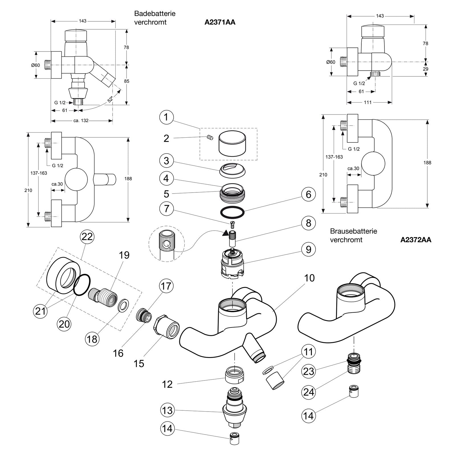 Onderdelentekening Jado Onderdelen IQ 1-greeps opbouw bad- / douchemengkraan A2371AA / A2372AA