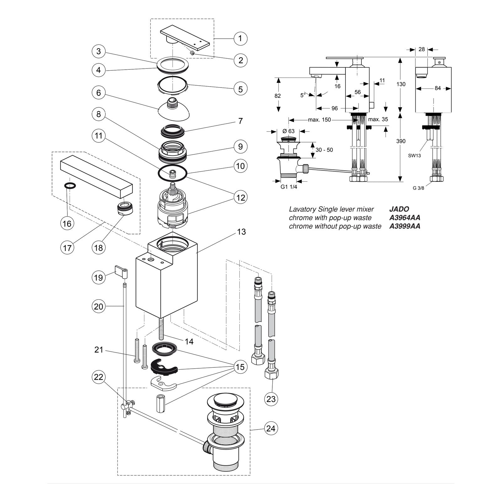 Onderdelentekening Jado Onderdelen Cubic (Borma series) 1-greeps Wastafelkraan A3964AA / A3999AA