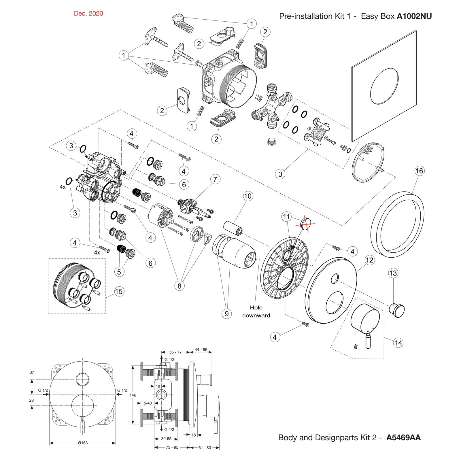 Onderdelentekening Jado Onderdelen IQ inbouw 1-greeps bad- / douchemengkraan Easy-Box A5469AA (vanaf 12/2020)