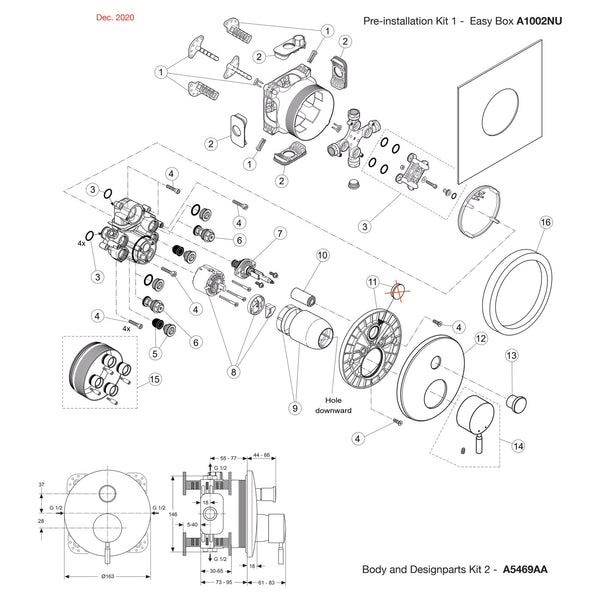 Onderdelentekening Jado Onderdelen IQ inbouw 1-greeps bad- / douchemengkraan Easy-Box A5469AA (vanaf 12/2020)