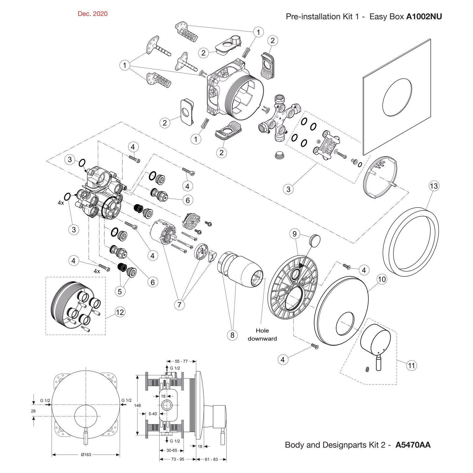 Onderdelentekening Jado Onderdelen IQ inbouw 1-greeps douchemengkraan Easy-Box A5470AA (vanaf 12/2020)