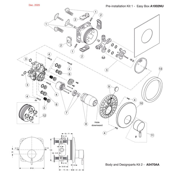 Onderdelentekening Jado Onderdelen IQ inbouw 1-greeps douchemengkraan Easy-Box A5470AA (vanaf 12/2020)