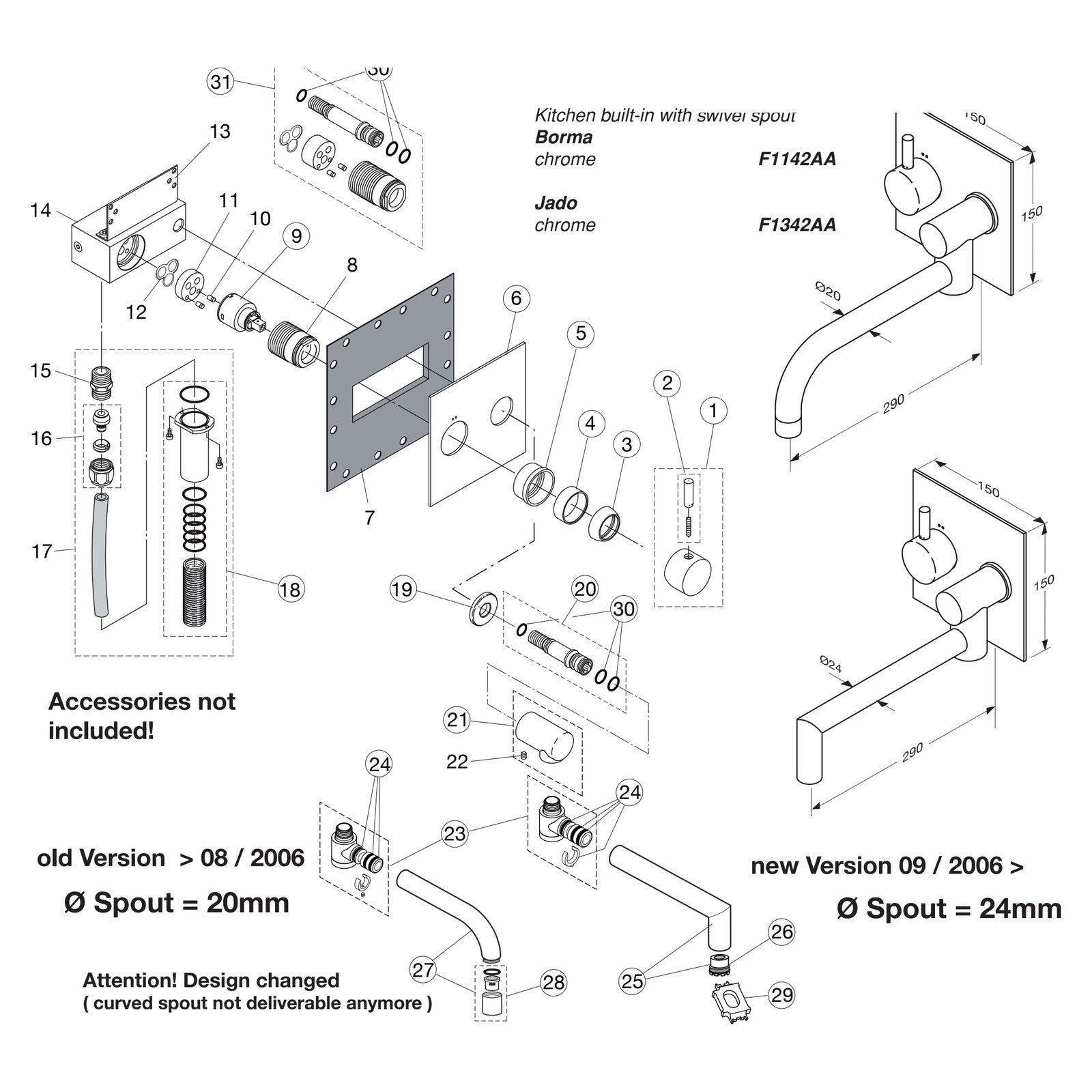 Onderdelentekening Jado Geometry A6 wand inbouw keukenkraan met draaibare uitloop F1342AA / Borma F1142AA (S7548)