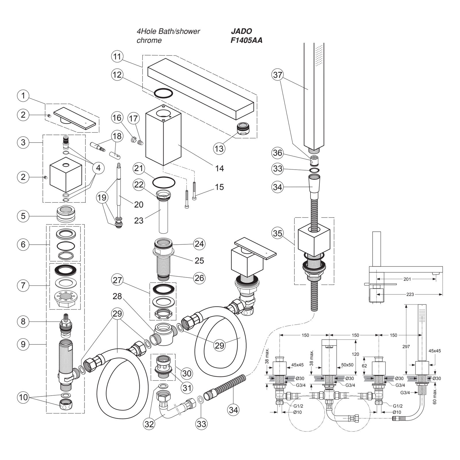 Onderdelentekening Jado Onderdelen Cubic (Borma series) 4-gats Badrandcombinatie F1405AA