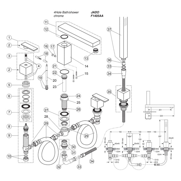 Onderdelentekening Jado Onderdelen Cubic (Borma series) 4-gats Badrandcombinatie F1405AA