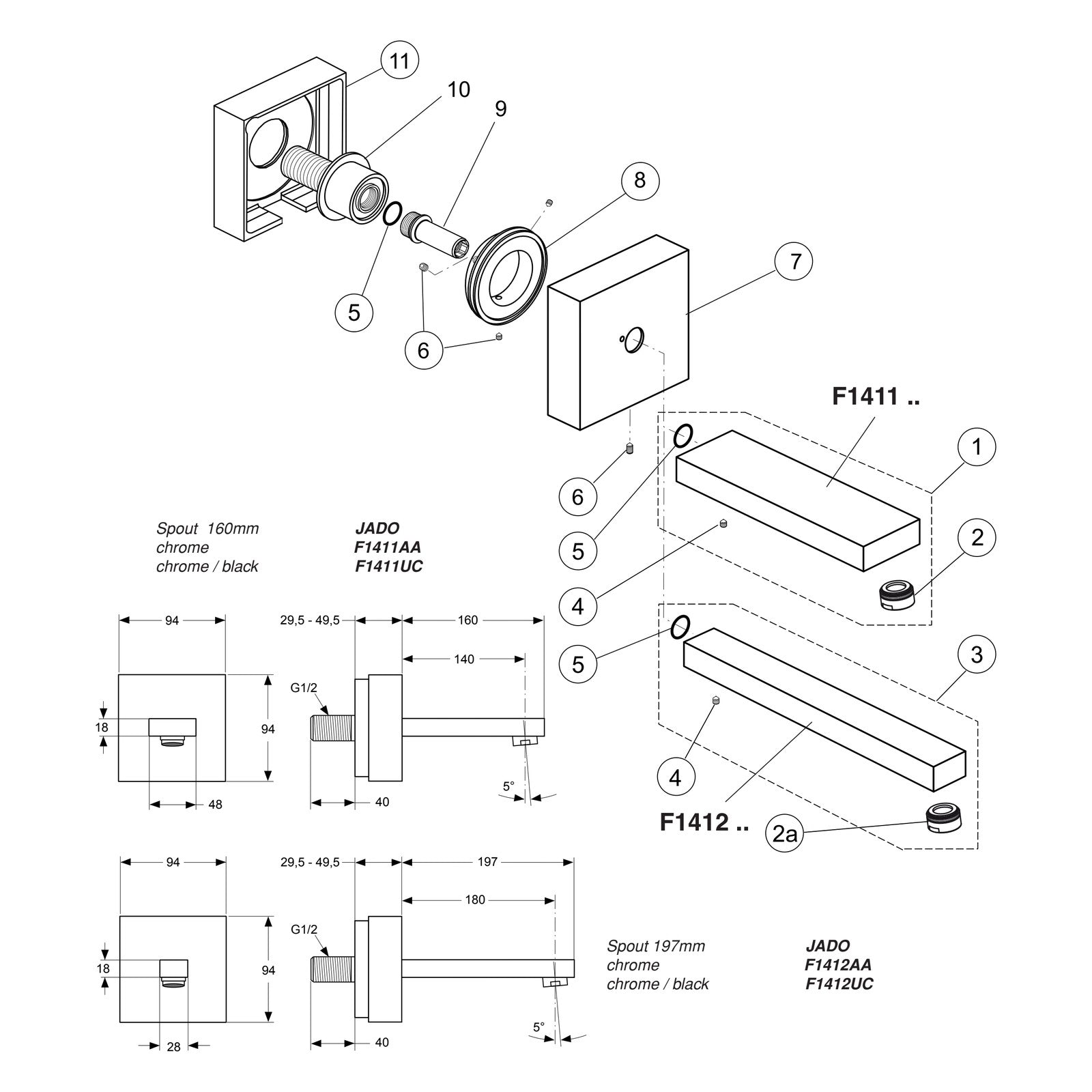 Onderdelentekening Jado Onderdelen Cubic (Borma series) Uitloop 160 mm / 197 mm F1411XX / F1412XX