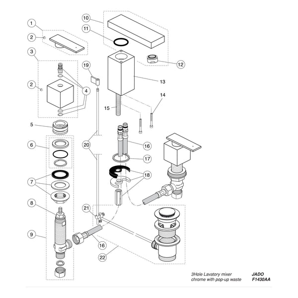 Onderdelentekening Jado Onderdelen Cubic (Borma series) 2-greeps 3-gats Wastafelkraan F1430AA