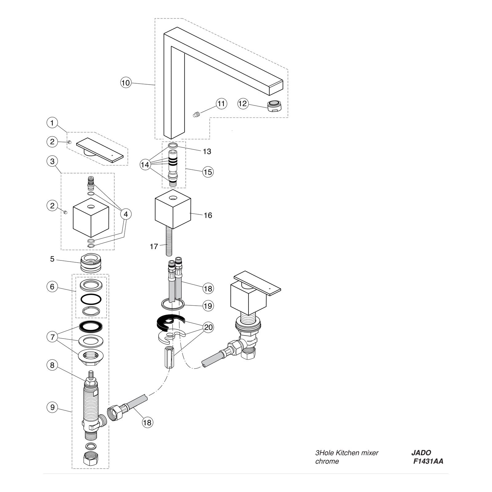 Onderdelentekening Jado Onderdelen Cubic (Borma series) 2-greeps 3-gats Keukenkraan F1431AA