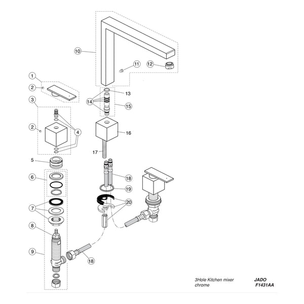 Onderdelentekening Jado Onderdelen Cubic (Borma series) 2-greeps 3-gats Keukenkraan F1431AA