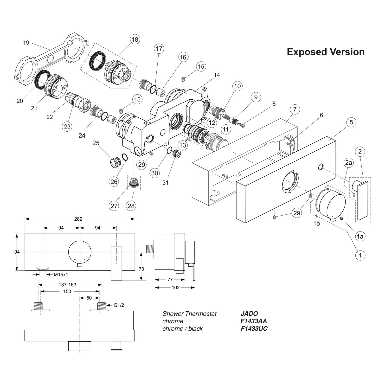 Onderdelentekening Jado Onderdelen Cubic (Borma series) Opbouw Douchethermostaat F1433AA / F1433UC