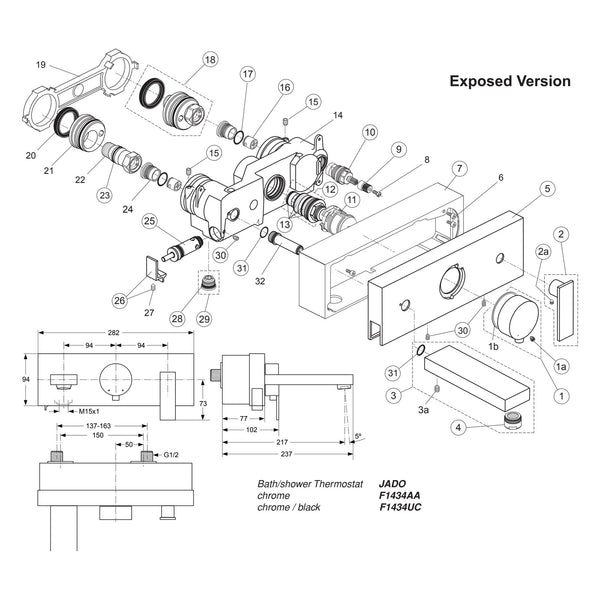 Onderdelentekening Jado Onderdelen Cubic (Borma series) Opbouw Badthermostaat F1434AA / F1434UC