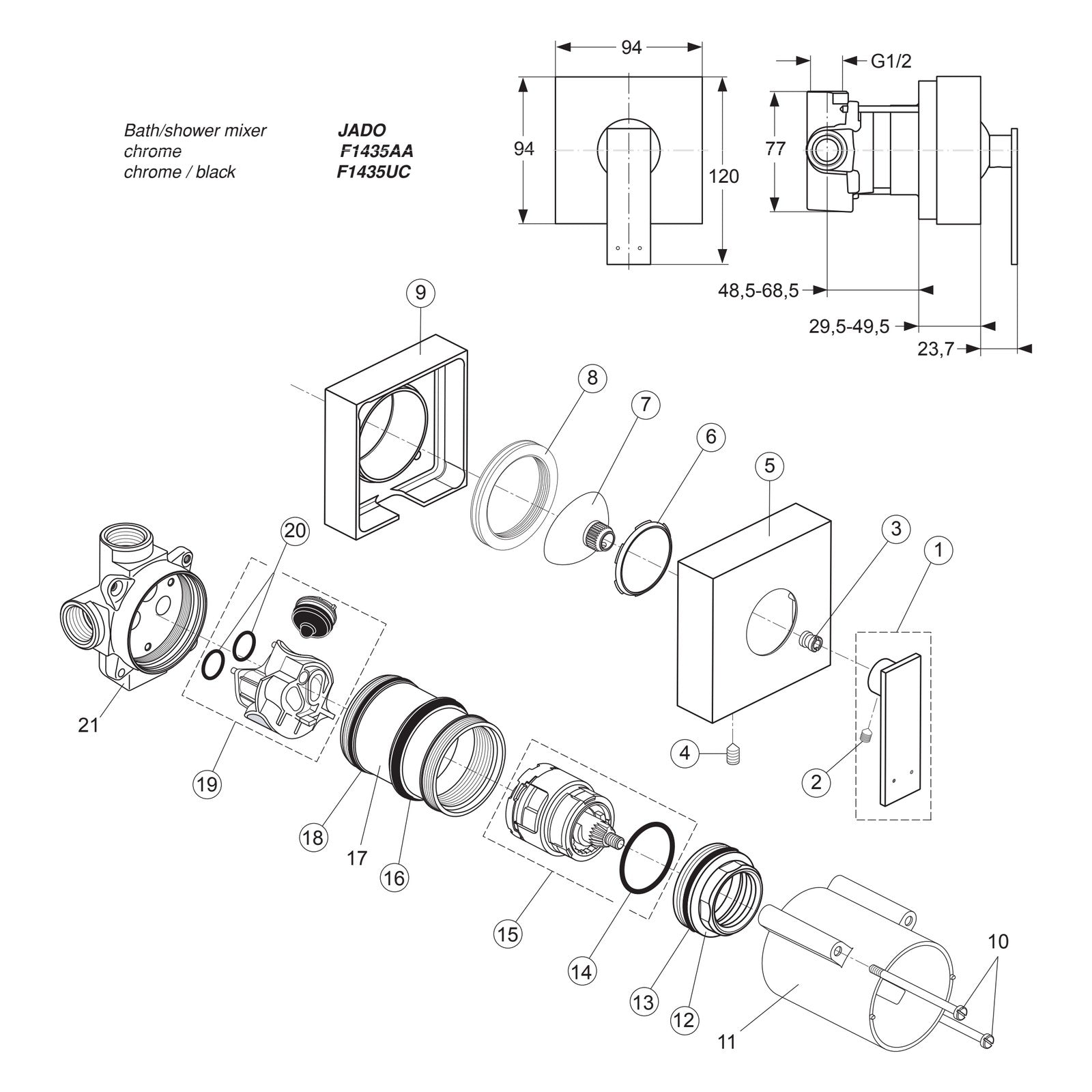 Onderdelentekening Jado Onderdelen Cubic (Borma series) Inbouw 1-greeps Bad- / Douchemengkraan F1435AA / F1435UC