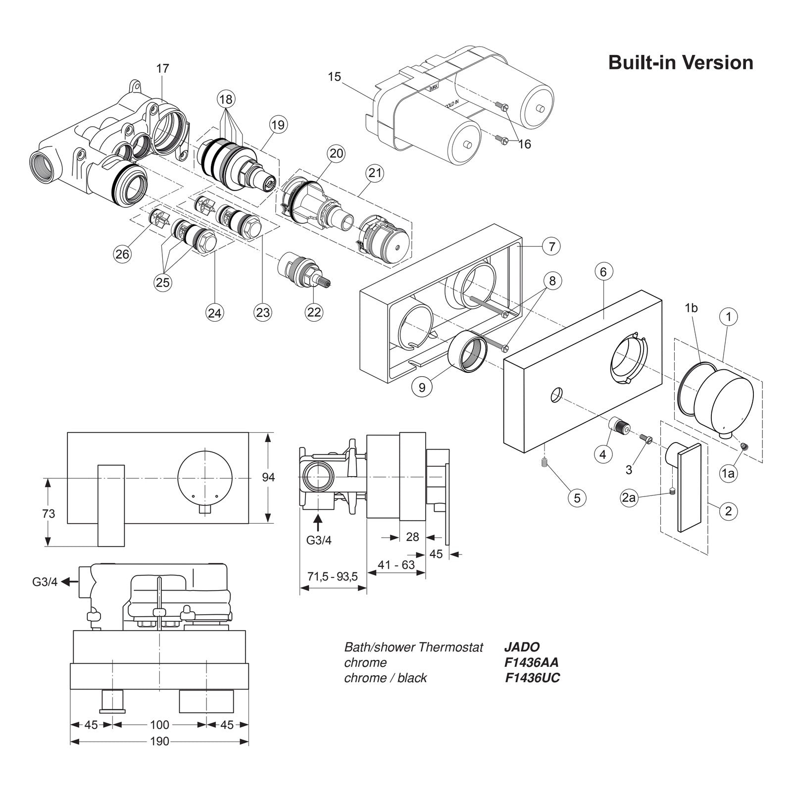 Onderdelentekening Jado Onderdelen Cubic (Borma series) Inbouw Bad- / Douchethermostaat F1436AA / F1436UC