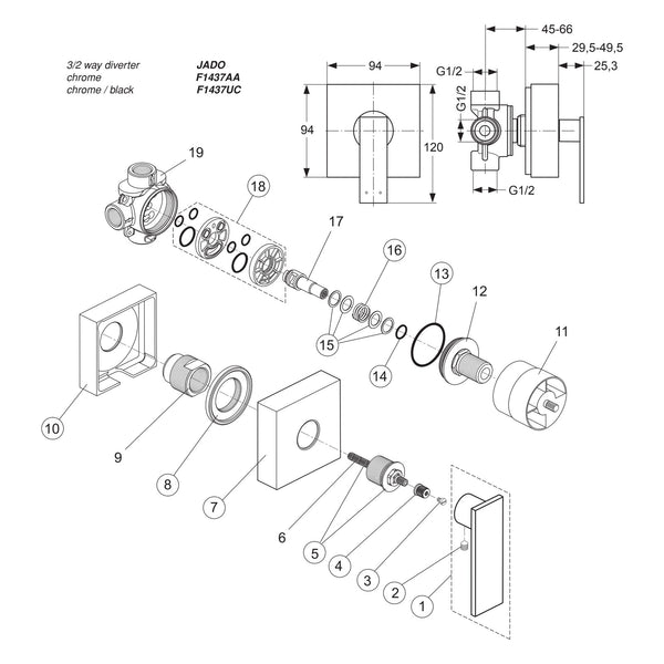 Onderdelentekening Jado Onderdelen Cubic (Borma series) Inbouw Omstelkraan 3/2-weg F1437AA / F1437UC